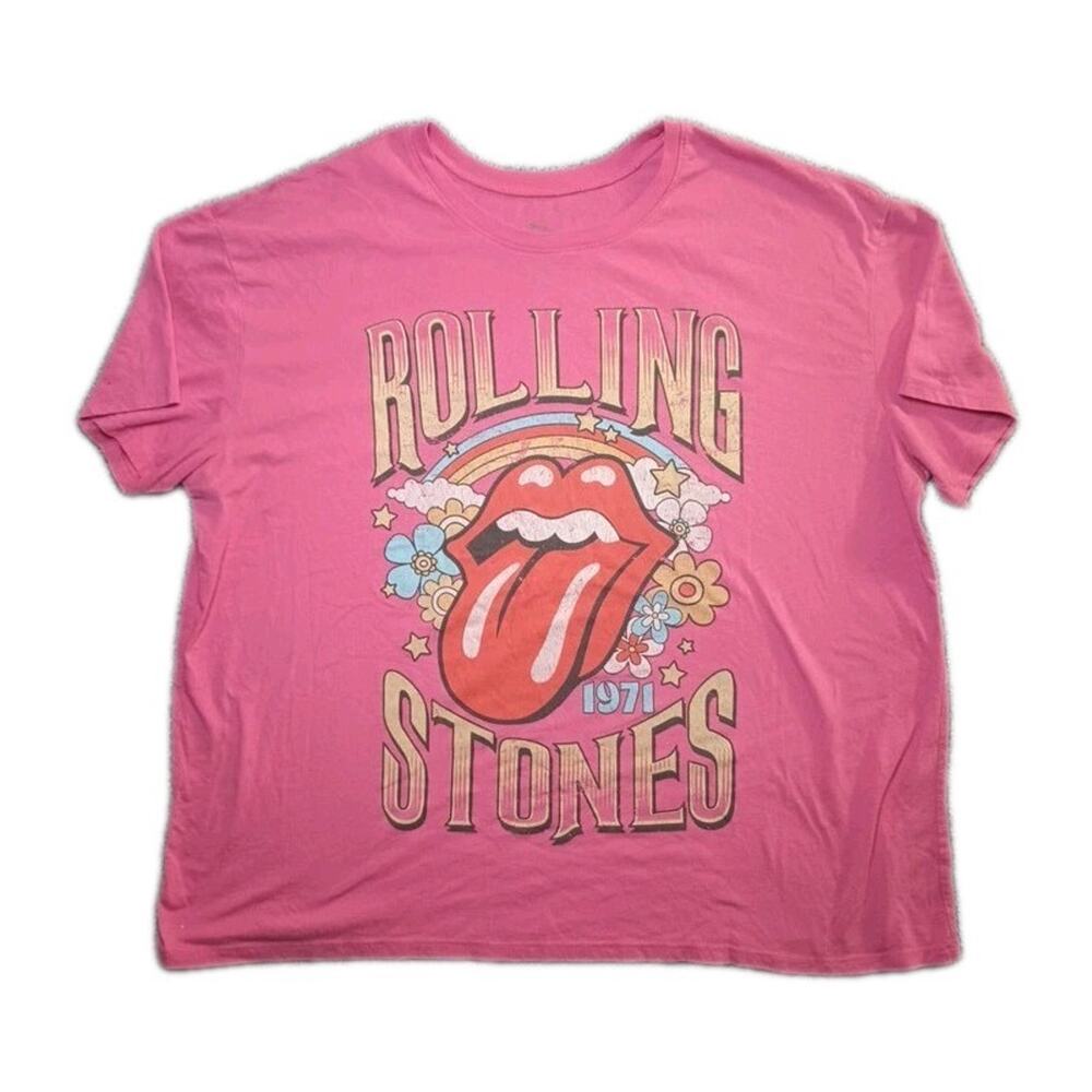 Rolling Stones 1971 UK Tour Floral Graphic Tee Womens Pink XXXL Plus Size Band